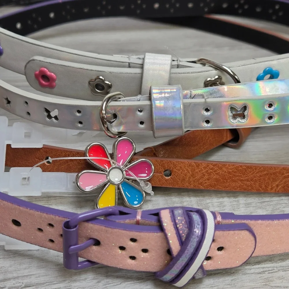 Girls Skinny Belt Set 4pc Multicolor Flower Heart Butterfly Glitter Holographic